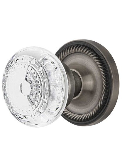 Rope Rosette Door Set with Meadows Crystal-Glass Knobs - 2 3/4 in Antique Pewter.
